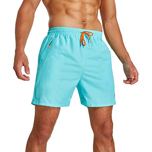 JustSun Badeshorts Herren Badehose Männer Schwimmhose Schnelltrocknend Boardshorts Strandshorts Beachshorts mit Reissverschlusstasche Hellblau L von JustSun