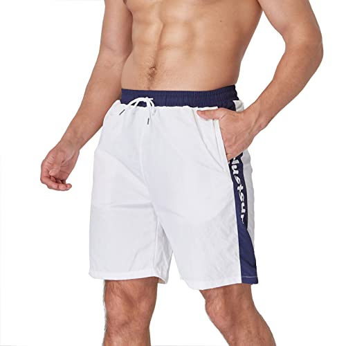 JustSun Badeshorts Herren Lang Badehose Männer Schnelltrocknend Boardshorts Strandshorts Herren Schwimmhose Beach Swim Shorts Herren Reissverschluss Taschen Weiß S von JustSun