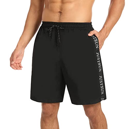 JustSun Badeshorts Herren Lang Badehosen Männer Badehose für Herren Schnelltrocknend Boardshorts Strandshorts Herren Swim Shorts Schwimmhose Herren Taschen Schwarz M von JustSun