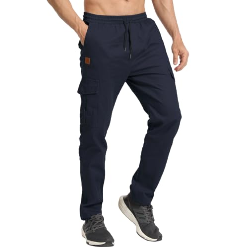 JustSun Cargohose Herren Chino Hosen Herren Cargo Jogginghose Baumwolle Freizeithose Herren Lang Elastische Taille mit Mehrere Taschen Blau XL von JustSun