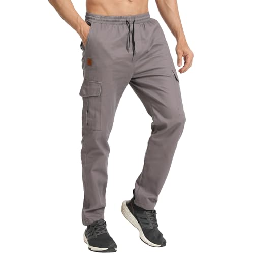 JustSun Cargohose Herren Chino Hosen Herren Cargo Jogginghose Baumwolle Freizeithose Herren Lang Elastische Taille mit Mehrere Taschen Grau L von JustSun
