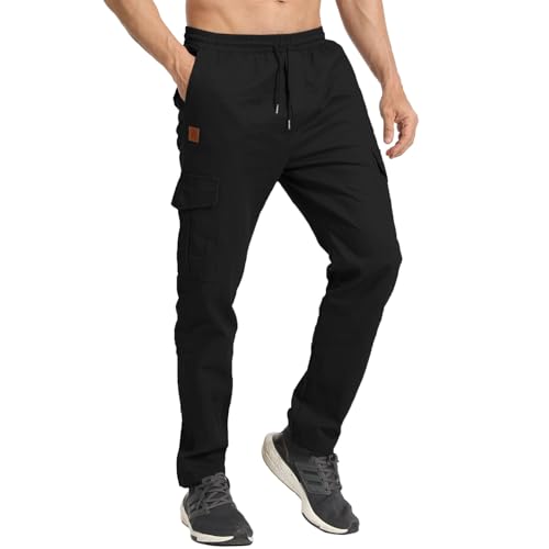 JustSun Cargohose Herren Chino Hosen Herren Cargo Jogginghose Baumwolle Freizeithose Herren Lang Elastische Taille mit Mehrere Taschen Schwarz XL von JustSun