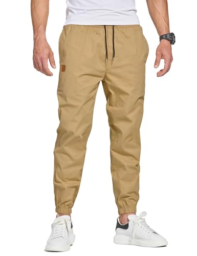 JustSun Chino Hosen Herren Baumwolle Freizeithose Herren Jogginghose Herren Trainingshose Sporthose Männer Lang mit Kordelzug Casual Hose mit Taschen Khaki S von JustSun