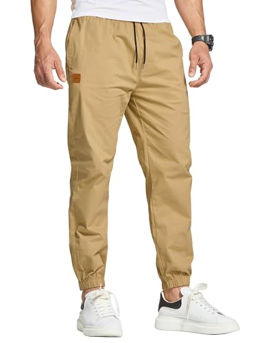 JustSun Chino Hosen Herren Baumwolle Freizeithose Herren Jogginghose Herren Trainingshose Sporthose Männer Lang mit Kordelzug Casual Hose mit Taschen Khaki L von JustSun