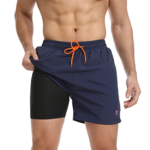 JustSun Herren Badehose Männer Badeshorts Herren Kurz mit Kompression 2 in 1 Schnelltrocknend Schwimmhose Strandshorts Schwimmshort Herren Swim Shorts Dunkelblau XXL von JustSun