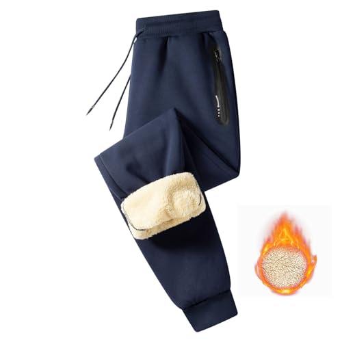 JustSun Herren Jogginghose Baumwolle Thermo Fleece Hose Männer Warme Winter Sporthose Lang Freizeithose mit Reißverschlusstaschen Blau XL von JustSun