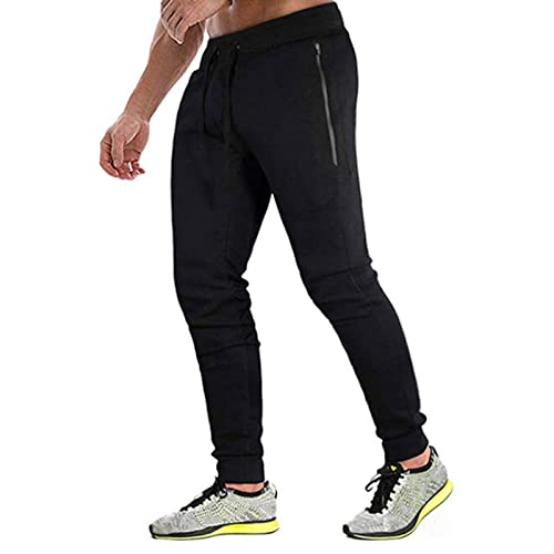 JustSun Jogginghose Herren Trainingshose Sporthose Herren Lang Slim Fit Fitness Hosen Herren mit Reißverschlusstaschen Schwarz M von JustSun