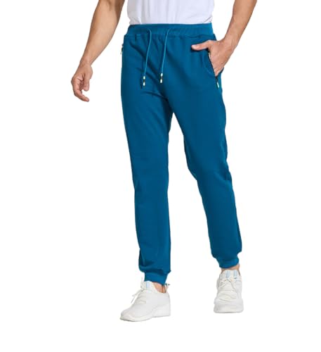 JustSun Jogginghose Herren Baumwolle Sporthose Trainingshose Herren Lang Fitness Hosen Männer Sweathose Sweatpants Herren mit Reissverschluss Taschen Pfauenblau XL von JustSun
