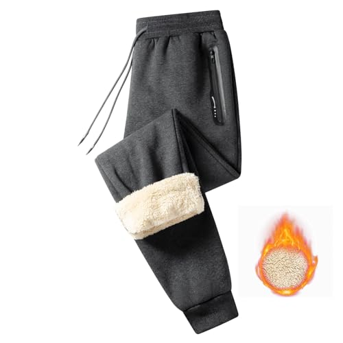 JustSun Jogginghose Herren Baumwolle Trainingshose Männer Gefütterte Thermo Fleece Hosen Herren Warme Winter Sporthose Herren Lang Freizeithose Herren mit Reißverschlusstaschen Taschen Dunkelgrau 3XL von JustSun