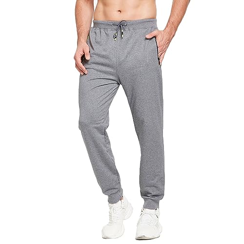 JustSun Jogginghose Herren Baumwolle Sporthose Trainingshose Herren Lang Fitness Hosen Männer Sweathose Sweatpants Herren mit Reissverschluss Taschen Grau L von JustSun