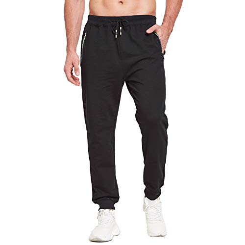JustSun Jogginghose Herren Baumwolle Sporthose Trainingshose Herren Lang Fitness Hosen Männer Sweathose Sweatpants Herren mit Reissverschluss Taschen Schwarz M von JustSun