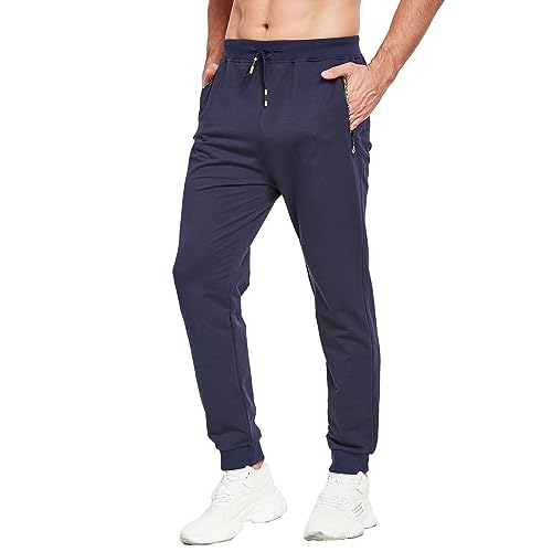 JustSun Herren Jogginghose Baumwolle Sporthose Trainingshose Lang Fitness Hosen Männer Sweathose Sweatpants mit Reissverschluss Taschen Blau L von JustSun