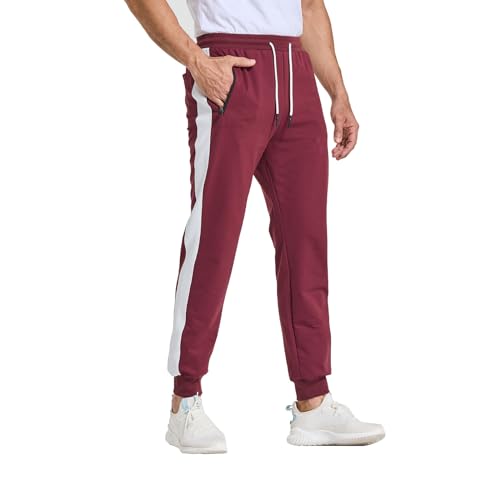 JustSun Herren Trainingshose Baumwolle Rotwein M Joggers Lang Slim Fit Atmungsaktiv Reißverschlusstasche Elastischer Bund mit Kordelzug von JustSun