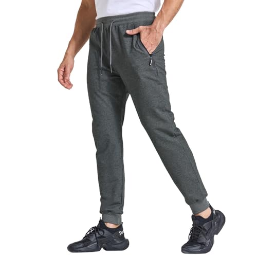 JustSun Jogginghose Herren Sporthose Trainingshose Herren Freizeithose Männer Baumwolle Fitness Hosen mit Reißverschlusstaschen Dunkelgrau XL von JustSun