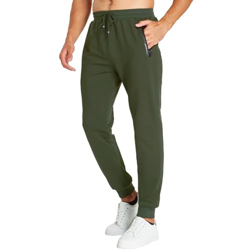 JustSun Jogginghose Herren Trainingshose Männer Sporthose Herren Lang Baumwolle Fitness Freizeithose Herren Reissverschluss Taschen Grün M von JustSun