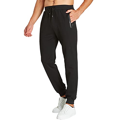 JustSun Jogginghose Herren Trainingshose Männer Sporthose Herren Lang Baumwolle Fitness Freizeithose Herren Reissverschluss Taschen Schwarz L von JustSun