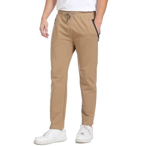 JustSun Jogginghose Herren Trainingshose Männer Sporthose Herren Lang Baumwolle Fitness Hosen Herren Reissverschluss Taschen Khaki M von JustSun