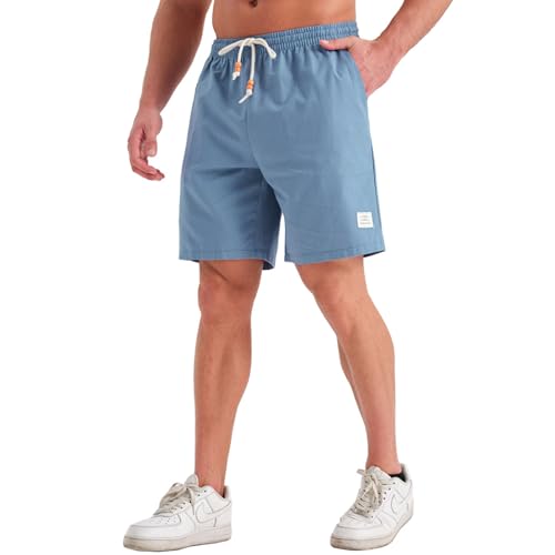 JustSun Kurze Hosen Herren Leinenhose Shorts Leinen Sommer Bermudashorts Leinenshorts Baumwolle Sommerhose Freizeithose Leicht mit Tunnelzug Denim Blau M von JustSun