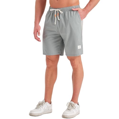 JustSun Kurze Hosen Herren Leinenhose Shorts Leinen Sommer Bermudashorts Leinenshorts Baumwolle Sommerhose Freizeithose Leicht mit Tunnelzug Silbergrau 3XL von JustSun