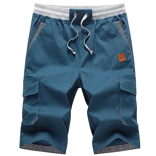 JustSun Kurze Hosen Herren Shorts Cargo Sommer Chino Shorts Männer Baumwolle Mehreren Taschen mit Tunnelzug Pfauenblau 2XL von JustSun