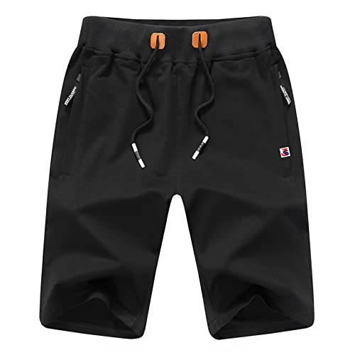 JustSun Kurze Hosen Herren Shorts Herren Sommer Sporthose Jogginghose Kurz Baumwolle Sport Gym Sweat Fitness Shorts Hose Herren Reißverschluss Taschen Schwarz XXL von JustSun