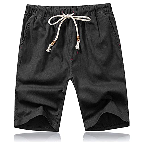 JustSun Kurze Hosen Herren Shorts Sommer Baumwolle Leinen mit Taschen und Tunnelzug Schwarz S von JustSun