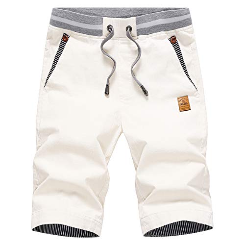 JustSun Kurze Hosen Herren Shorts Sommer Shorts Chino Baumwolle mit Tunnelzug Weiß L von JustSun