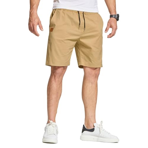 JustSun Kurze Hosen Herren Shorts Sommer Chino Stretch Baumwolle Freizeithose Kurze Jogginghose Sporthose Sport Elastische Taille mit Taschen Khaki XL von JustSun