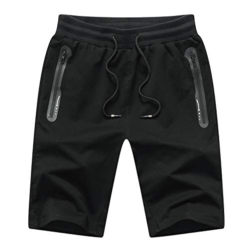 JustSun Kurze Hosen Herren Shorts Sommer Jogginghose Kurz Baumwolle Gym Sweat Sport Fitness Shorts Herren Reißverschluss Taschen Schwarz M von JustSun