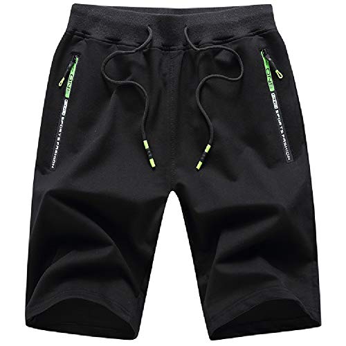 JustSun Kurze Hosen Herren Shorts Sommer Kurze Jogginghose Baumwolle Sweat Sport Shorts mit Reißverschluss Schwarz 2XL von JustSun