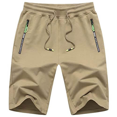 JustSun Kurze Hosen Herren Shorts Sommer Kurze Jogginghose Sporthose Sweatshorts Baumwolle Sport Shorts mit Reißverschluss Khaki S von JustSun