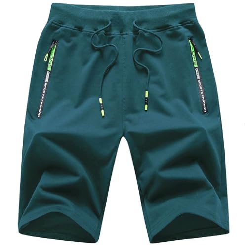 JustSun Kurze Hosen Herren Shorts Sommer Kurze Jogginghose Sporthose Sweatshorts Baumwolle Sport Shorts mit Reißverschluss Pfauenblau XL von JustSun