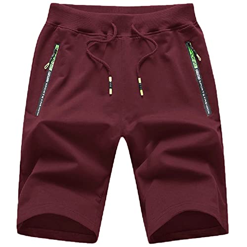 JustSun Kurze Hosen Herren Shorts Sommer Kurze Jogginghose Sporthose Sweatshorts Baumwolle Sport Shorts mit Reißverschluss Rot L von JustSun