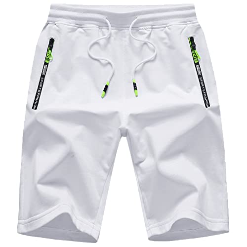 JustSun Kurze Hosen Herren Shorts Sommer Kurze Jogginghose Sporthose Sweatshorts Baumwolle Sport Shorts mit Reißverschluss Weiß L von JustSun