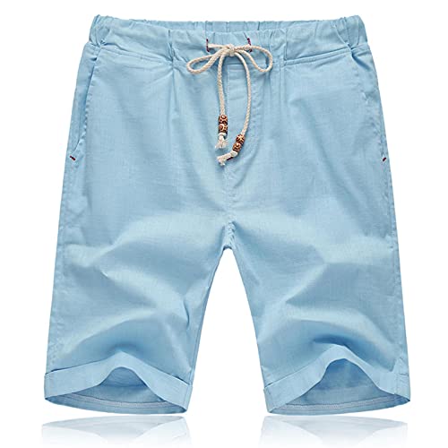 JustSun Kurze Hosen Herren Shorts Sommer Leinen Baumwolle mit Tunnelzug und Taschen Hellblau L von JustSun