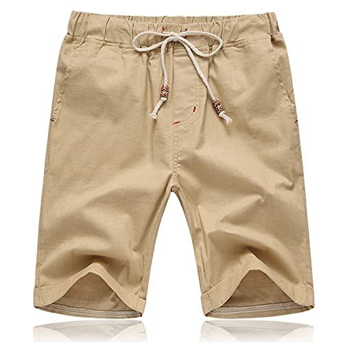 JustSun Kurze Hosen Herren Shorts Sommer Leinen Baumwolle mit Tunnelzug und Taschen Khaki L von JustSun