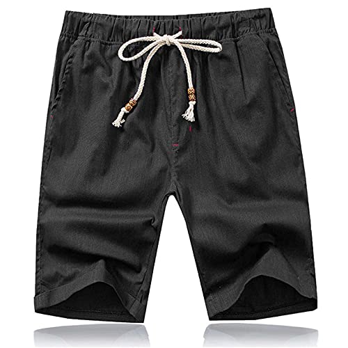 JustSun Kurze Hosen Herren Shorts Sommer Leinen Baumwolle mit Tunnelzug und Taschen Schwarz XL von JustSun
