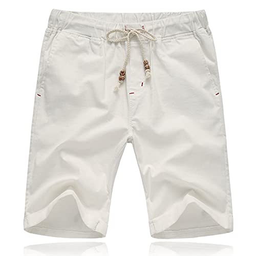 JustSun Kurze Hosen Herren Shorts Sommer Leinen Baumwolle mit Tunnelzug und Taschen Weiß 3XL von JustSun