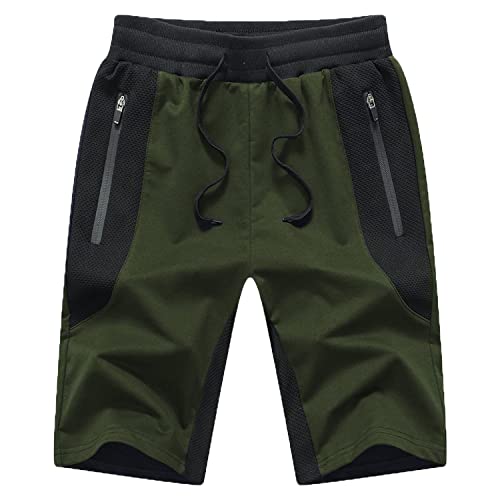 JustSun Kurze Hosen Herren Shorts Sommer Sport Baumwolle mit Reißverschlusstaschen und elastischer Taille Armeegrün Small von JustSun