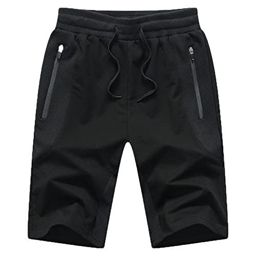 JustSun Kurze Hosen Herren Shorts Sommer Sport Baumwolle mit Reißverschlusstaschen und elastischer Taille Schwarz Small von JustSun