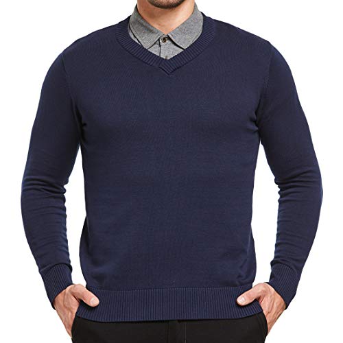 JustSun Herren Pullover Basic Strickpullover Herren Klassisch Langarm Männer Sweater mit V-Ausschnitt Blau XL von JustSun
