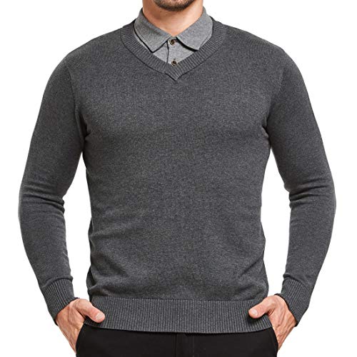 JustSun Herren Pullover Basic Strickpullover Herren Klassisch Langarm Männer Sweater mit V-Ausschnitt Grau XL von JustSun