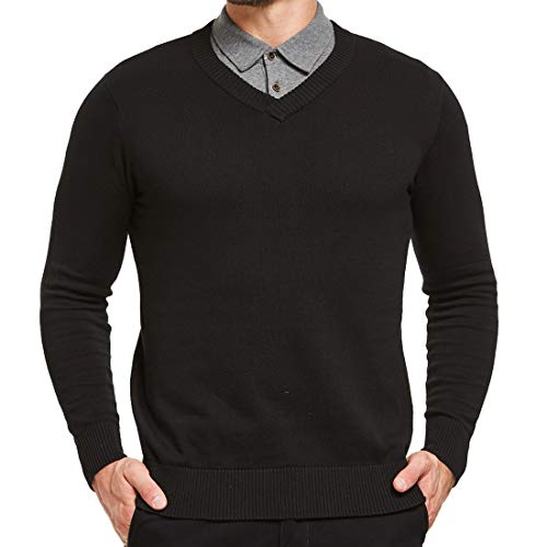 JustSun Herren Pullover Basic Strickpullover Herren Klassisch Langarm Männer Sweater mit V-Ausschnitt Schwarz M von JustSun