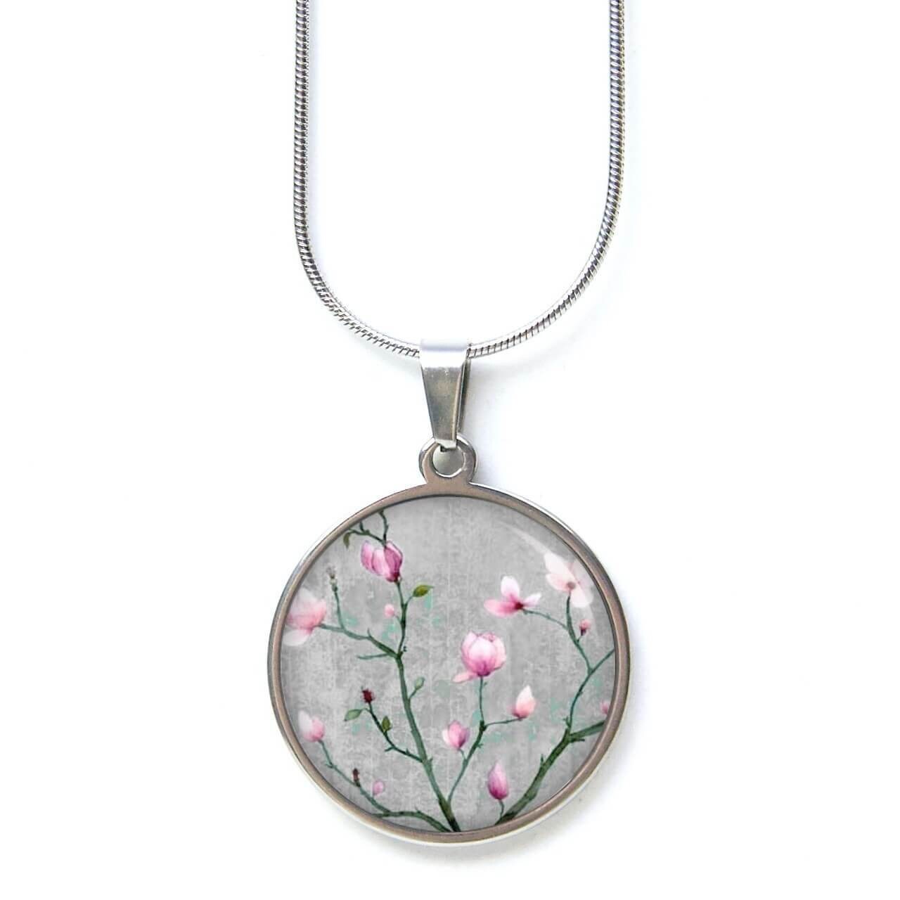 Edelstahl Kette Zarte Kirschblüten in Rosa Und Grau - Geschenkidee Von Just Trisha von JustTrisha