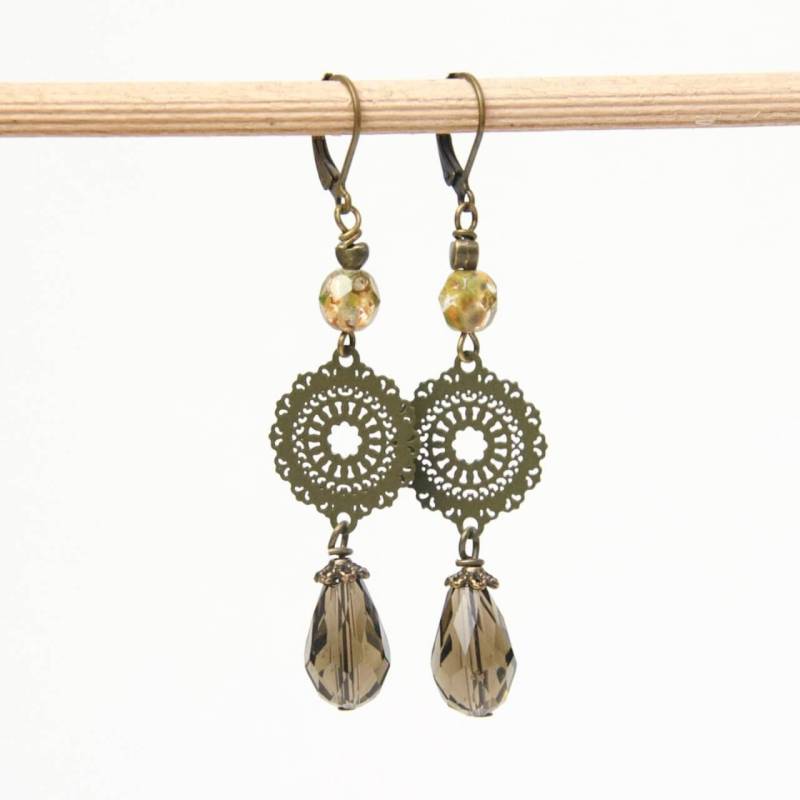 Lange Vintage Ohrringe Bronze Im Boho Stil Olive Grün von JustTrisha