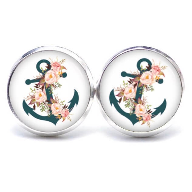 Ohrstecker Ohrhänger Ohrclips Anker in Emerald Mit Blumen, Maritim, Verschiedene Größen von JustTrisha