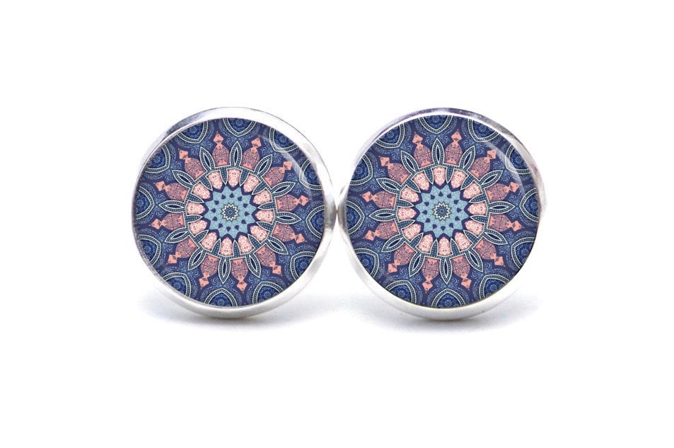 Ohrstecker Ohrringe Ohrclipse Muster Mandala Mosaik in Blau Und Rosa - Verschiedene Größen Geschenkidee Just Trisha von JustTrisha