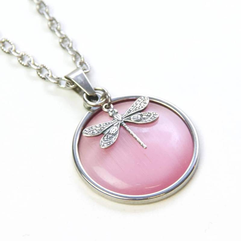 Vintage Kette Rosa Mit Cateye Stein Und Kleiner Libelle - Farbwahl Geschenkidee Just Trisha von JustTrisha