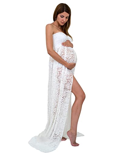 JustVH Umstandskleid aus Chiffon für Fotografie, geteilte Vorderseite, Maxi-Schwangerschaftskleid für Fotoshootings - Weiß - Mittel von JustVH