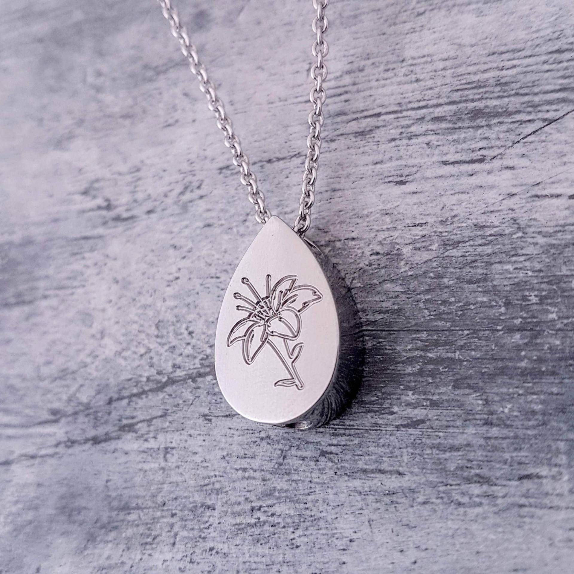 Lilien Blume Feuerbestattung Halskette Gravur Teardrop Urne, Edelstahl-Denkmal Andenken - Haustier-Denkmal von JustVial